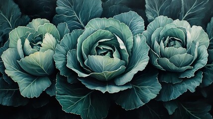 Obraz premium Close-up of three vibrant green cabbages, showcasing their intricate textures and patterns