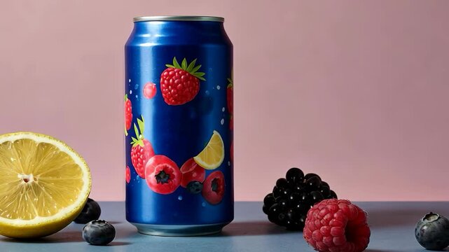 Video footage of blue can with images of raspberries, blackberries, blueberries, and lemon slices is surrounded by fresh fruits on a pink and blue background