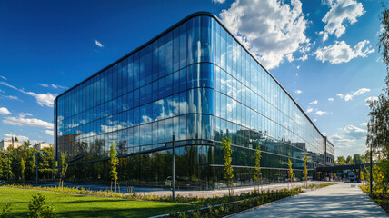 A sleek, high-tech corporate building features reflective windows, standing tall amidst a bustling city center filled with modern architecture, showcasing urban vibrancy and innovation.