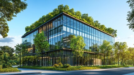 Obraz premium Modern glass office building with big trees around to reduce heat and carbon dioxide. Eco-friendly building and CO2 reduction corporate building. Sustainability concept