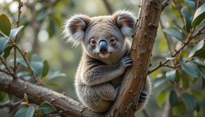 Adorable koala sitting on eucalyptus tree branch.