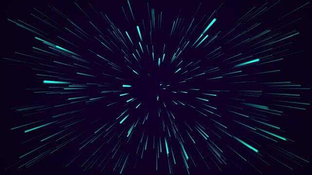 Background of zooming, looping cyan color neon lines on black background.