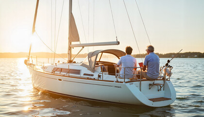 Retired couple sailing Two men sailing a boat during sunset on calm water.