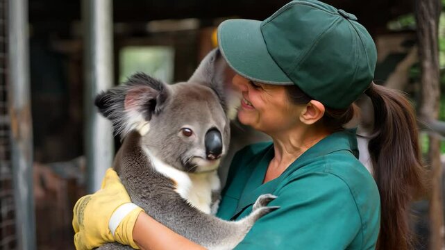 A smiling zookeeper in a green uniform lovingly holding and hugging a koala, showcasing care, conservation, and wildlife connection.