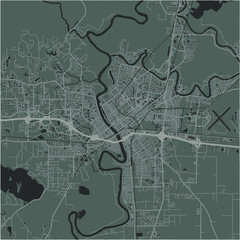 Map of Monroe in Louisiana in a smooth dark style. Contains layered vector with roads water, parks, etc.