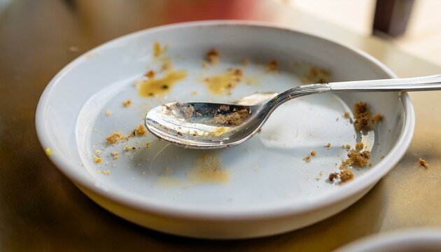 Empty plate and spoon, showing leftover food crumbs, suggesting a finished meal.