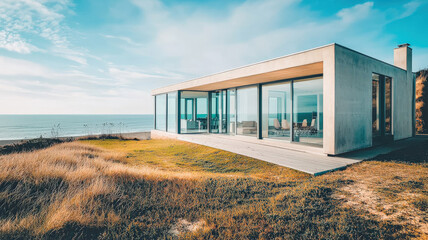 Fototapeta premium A sleek, minimalist beach house featuring open spaces and large windows, offering panoramic views of the ocean, creating a harmonious blend of indoor and outdoor living.