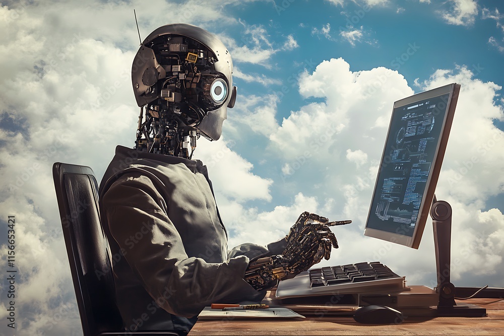 Poster robot working on computer. ai, technology, future concept.