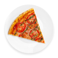 A slice of pizza with tomatoes and cheese, on a white background, isolated. Top view.