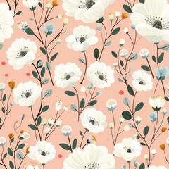 A floral pattern featuring white flowers and leaves on a soft peach background.