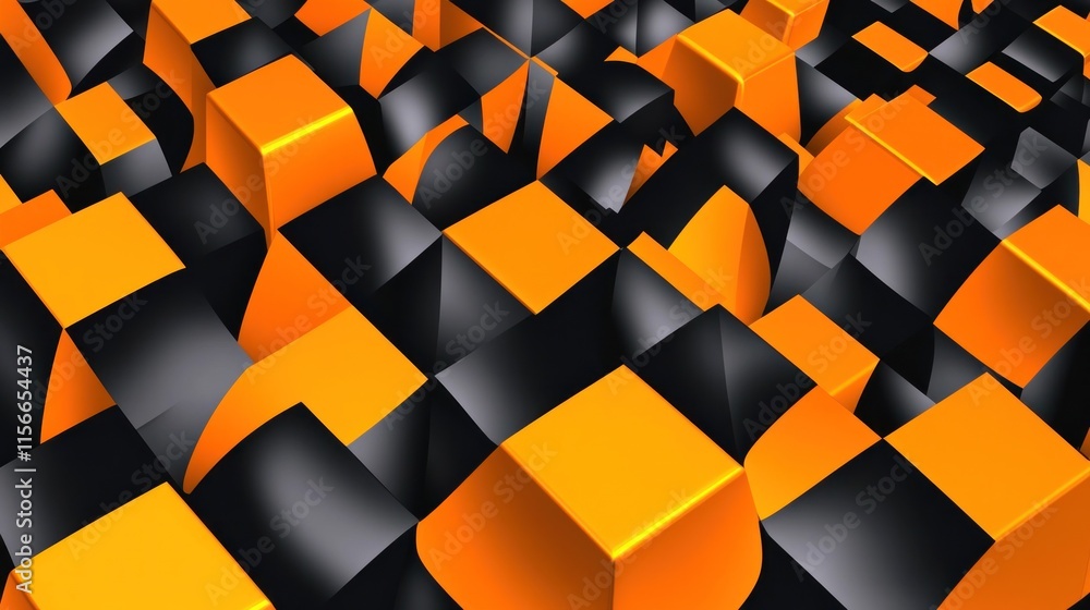 Wall mural abstract orange and black 3d cube pattern.