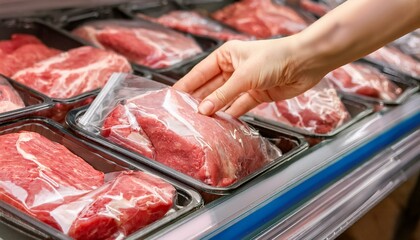 Hand reaches for a package of raw meat in a grocery store display.