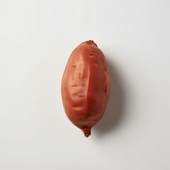 "A high-resolution close-up image of a single sweet potato with a smooth reddish skin, isolated on a white background. The sweet potato is unpeeled and has natural markings, with a slightly tapered sh