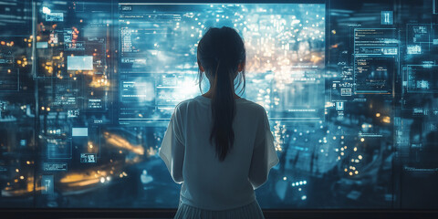 Exploring digital realities woman engaged with futuristic data visualization urban environment digital art perspective of insight