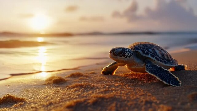A sea turtle hesitantly crawling on a sandy beach during a serene sunset, symbolizing nature, marine life, and conservation efforts.
