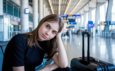 Fototapeta premium Young Woman in Airport Terminal, Resting Head on Hand, Deep in Thought or Tired, Black Suitcase Beside Her, Spacious Hallway with Pillars, Signs, and Digital Displays in Background