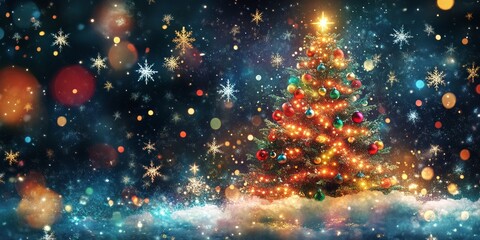 Vibrant Christmas tree adorned with twinkling lights, surrounded by shimmering stars and drifting snowflakes on a black background. Celebrate the festive spirit of Christmas and the New Year.