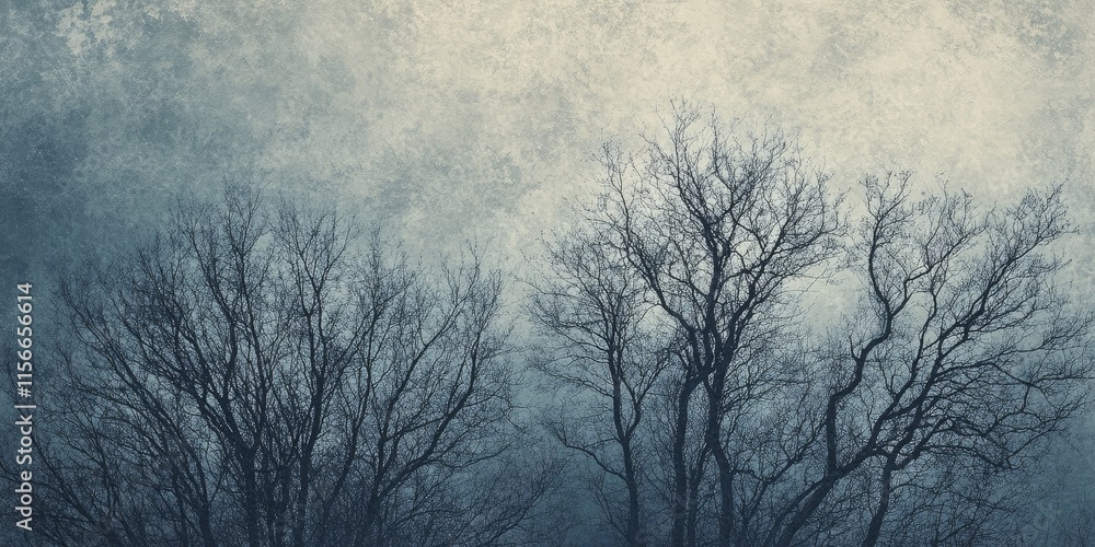 Poster dark textured image showcasing tree tops devoid of leaves set against a wintry backdrop. this dark t