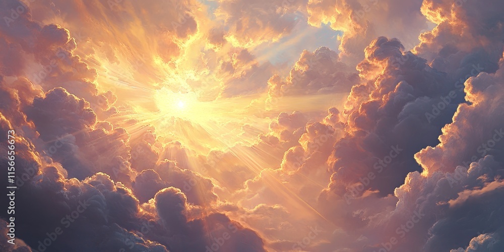 Poster stunning display of amazing clouds illuminated by sunbeam, showcasing the enchanting interplay of am