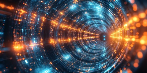 A futuristic data tunnel featuring luminous nodes exists within a circular universe, creating a mesmerizing spectacle of advanced technology and dynamic energy.
