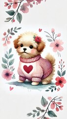 Fototapeta premium Cute dog wearing heart sweater illustration in watercolor style