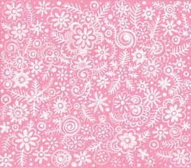 Pattern of various doodle elements in white color on a pink background. Flowers, feathers, spirals, circles, dots and other decor. Drawing with white lines. Gentle, soft background. Romantic, love.