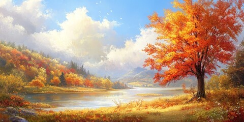 Fototapeta premium Autumn view over a picturesque landscape showcasing vibrant fall colors in a serene setting, highlighting the beauty of the season in this enchanting autumn scenery.