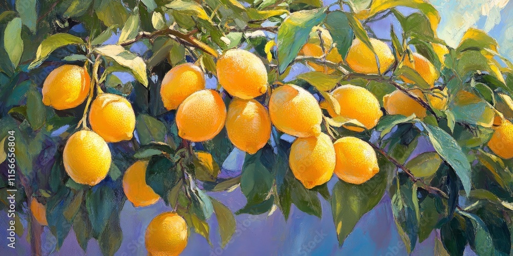 Poster Fresh ripe lemons hanging on a vibrant lemon tree create a stunning display. The colorful bunch of fresh ripe lemons adds a cheerful touch to any setting featuring this lemon tree.