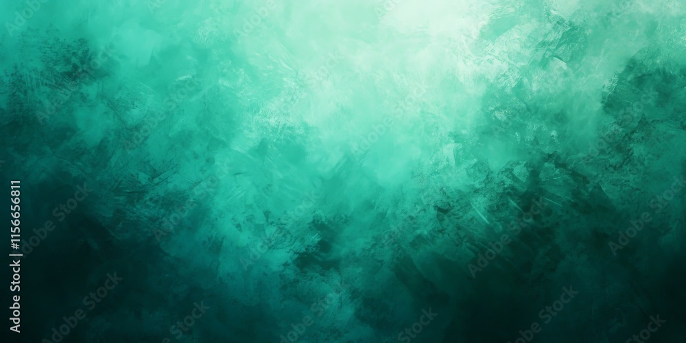 Poster Abstract background featuring a dark green mint sea teal jade emerald turquoise light blue color gradient blur, enhanced with rough grunge grain noise and a brushed matte shimmer effect. Design