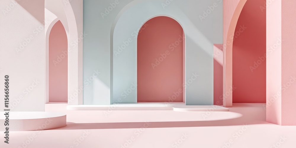 Poster playful architectural models set against a pastel backdrop showcase 3d rendering. this minimalist de