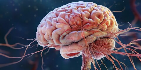 Illustration of a brain showcasing the nerve links extending down the spinal cord, highlighting the brain s connection to the nervous system and its vital role in human function.
