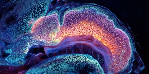 Cerebral cortex and hippocampus sections of a mouse brain, highlighted using immunofluorescence techniques and captured via confocal laser scanning microscopy for detailed analysis.