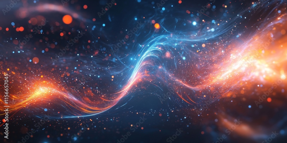 Poster vibrant gravitational wave source with particles, showcasing a computer generated abstract backgroun