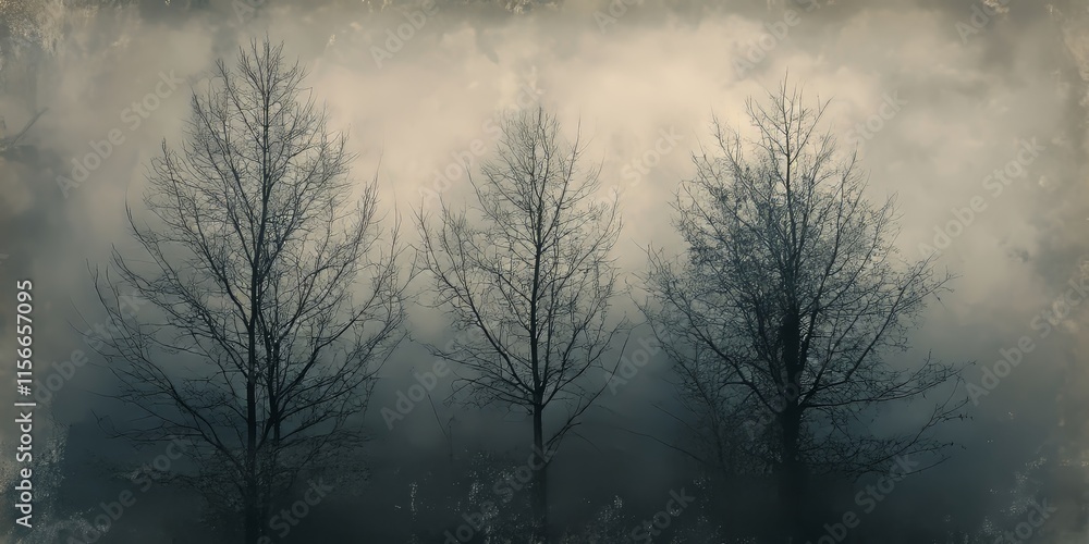 Poster Dark textured image showcasing tree tops devoid of leaves set against a wintry backdrop. This dark textured scene captures the essence of winter s beauty in nature.