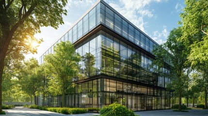 Fototapeta premium Modern glass office building with big trees around to reduce heat and carbon dioxide. Eco-friendly building and CO2 reduction corporate building. Sustainability concept