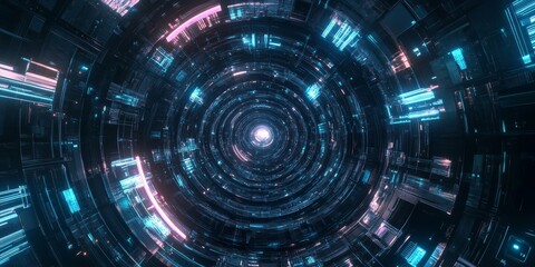 Obraz premium A futuristic data tunnel featuring luminous nodes exists within a circular universe, creating a mesmerizing spectacle of advanced technology and dynamic energy.