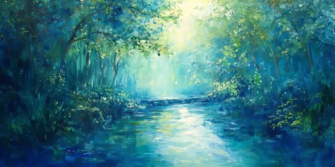Obraz premium A stroll in nature revealed a stunning scene filled with shades of blue and green, providing a sense of tranquility and peace that only nature can offer. Enjoy the beauty of nature s vibrant palette.