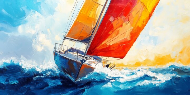 Sailing boat features a vibrant spinnaker sail gracefully navigating the open sea, capturing the essence of sailing and the thrill of adventure on the water with a stunning spinnaker display.