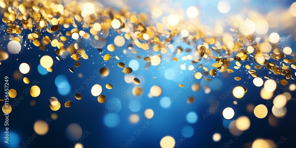 Poster glittering round gold confetti is cascading down against a sophisticated blue backdrop, creating a s