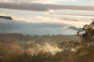 Beautiful sunrise with fog in the Kangaroo Valley NSW Australia.
