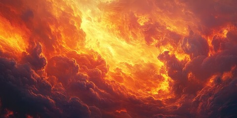 Obraz premium A striking handheld view captures a sky ablaze with fiery hues, casting light on turbulent clouds and fierce flames in a dramatic scene.
