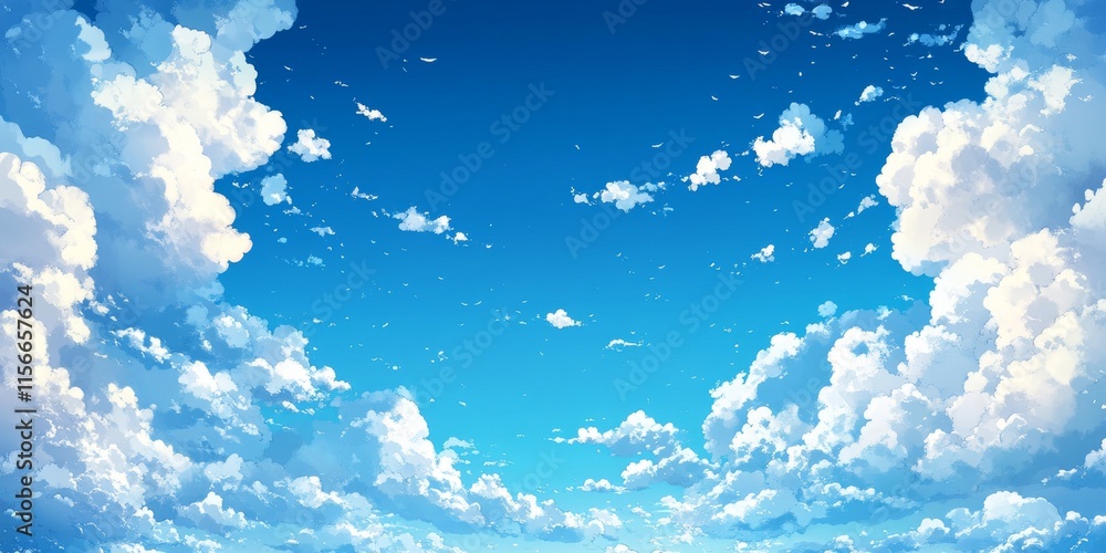Poster bright blue sky adorned with tiny clouds creates a serene background, perfect for showcasing a sunny