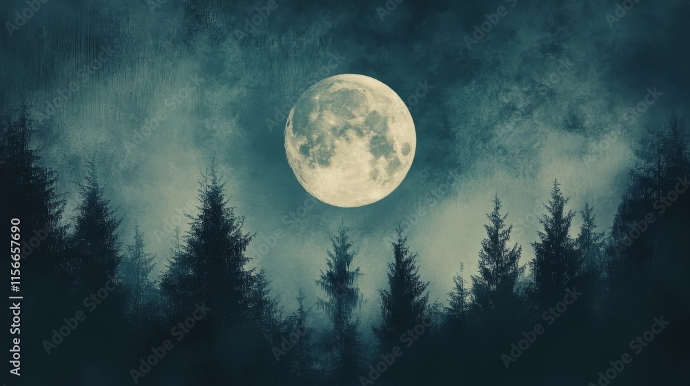 Poster abstract background featuring a moon surrounded by trees, creating a serene atmosphere. the moon enh