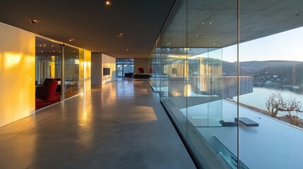 Modern Architectural Marvel: Glass Corridor with Stunning River Views