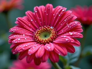 Vibrant Pink Gerbera Daisy with Dew Drops Closeup Macro Shot
