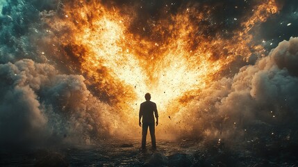 Man Facing Fiery Explosion: A Dramatic Surreal Scene