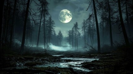 Eerie Forest Scene with Full Moon, Tall Bare Mysterious