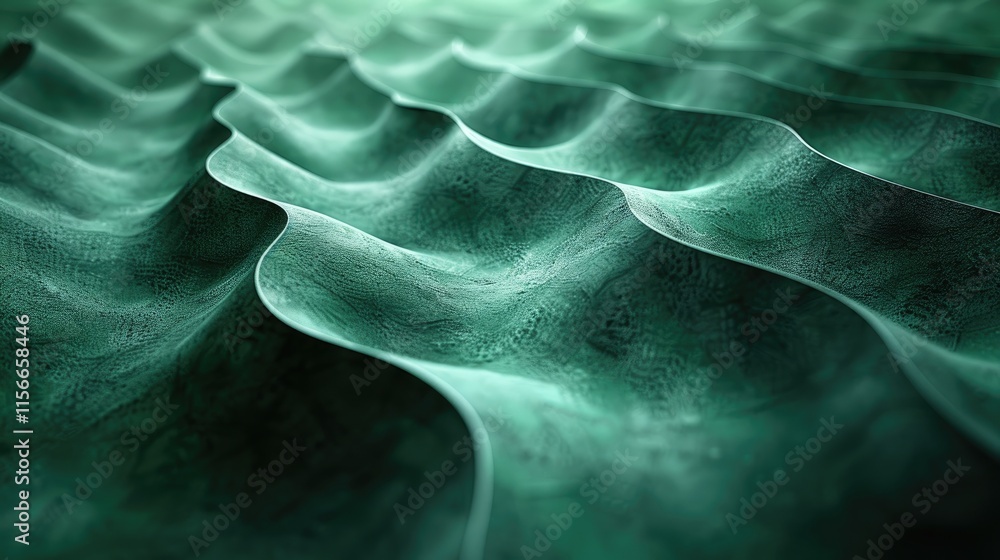 Poster abstract representation of flowing waves with a textured surface in shades of green.