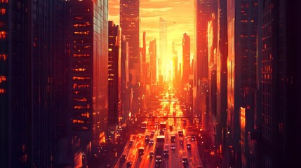 Cityscape Sunset Traffic Urban Canyon Glow
