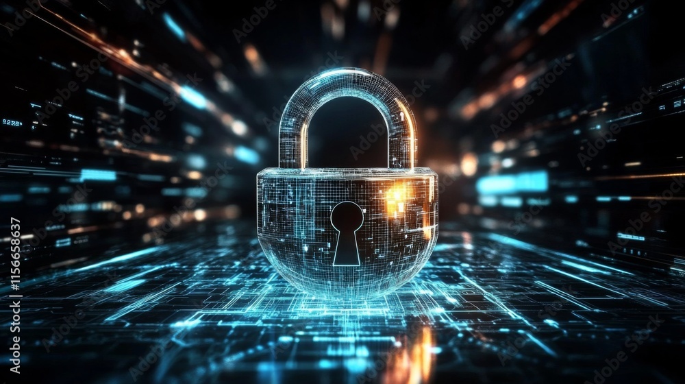 Poster golden padlock with futuristic interface in dark background cyber security concept